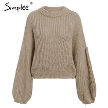 Load image into Gallery viewer, Simplee Winter lantern sleeve knitted sweater pullover Women loose round neck red sweater Female autumn casual sweater jumper