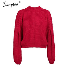 Load image into Gallery viewer, Simplee Winter lantern sleeve knitted sweater pullover Women loose round neck red sweater Female autumn casual sweater jumper